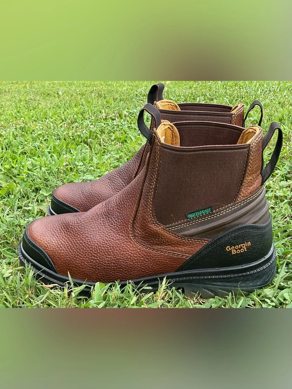 Georgia Boot Brown Leather Chelsea Work Boots with Black Toe Caps